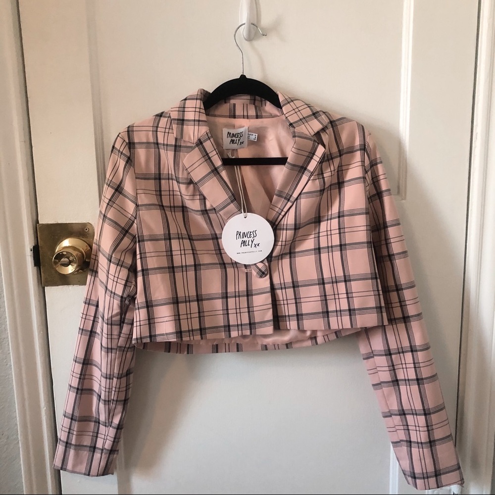 Cropped Black & Pink Plaid Blazer